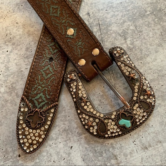 Western Cowboy Cowgirl Southwest Leatherwork Embellished Buckle Crystal Belt M main image 5